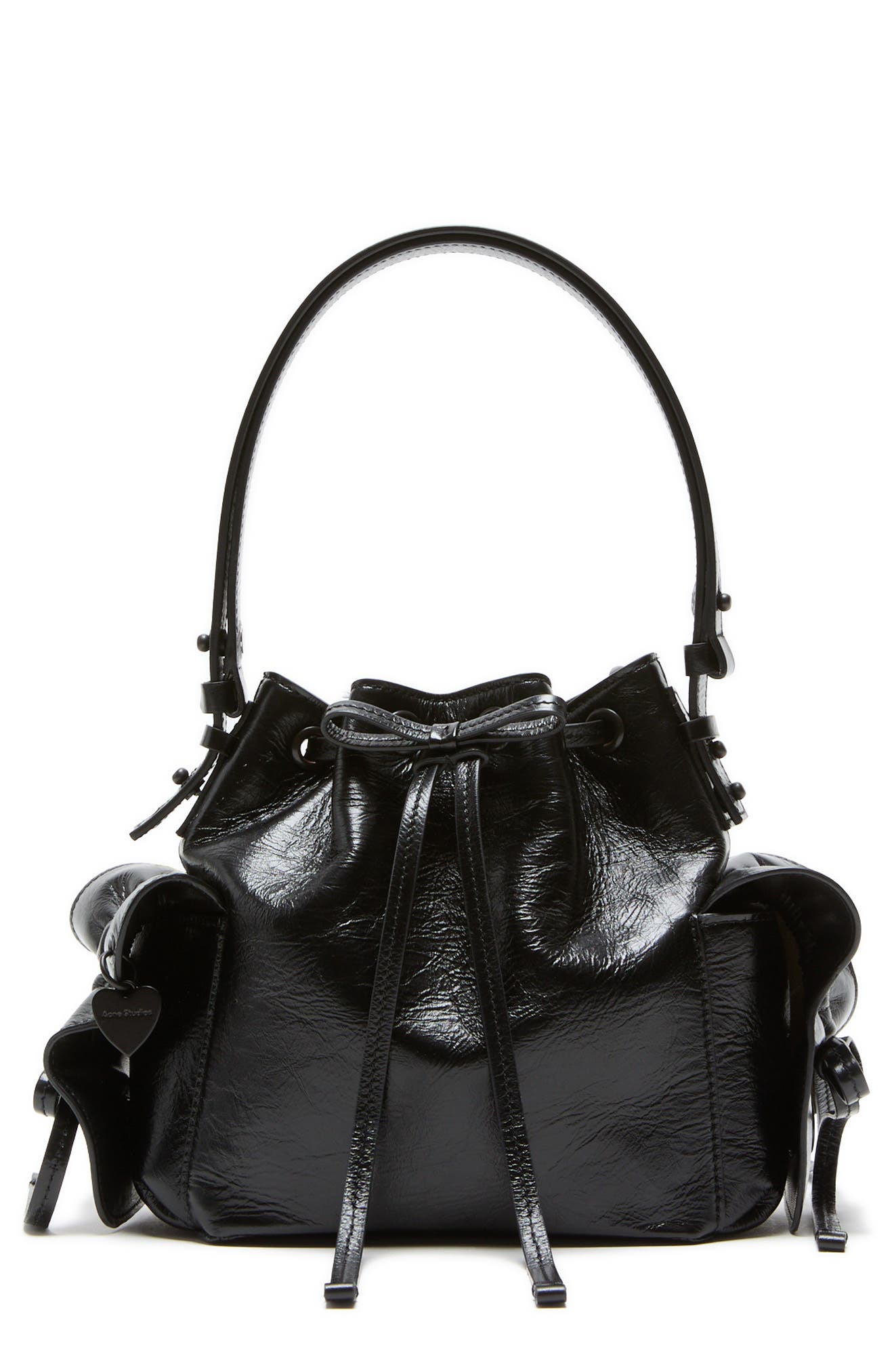 Acne Studios Mini Multipocket Crinkled Shiny Leather Bucket Bag, Main, color, Black