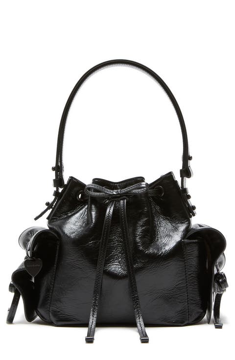 Mini Multipocket Crinkled Shiny Leather Bucket Bag