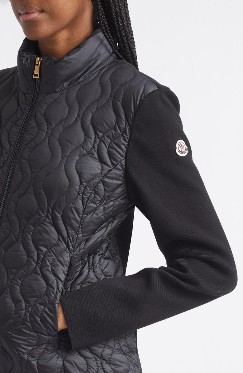 Moncler Mixed Media Down Cardigan, Alternate, color, Black