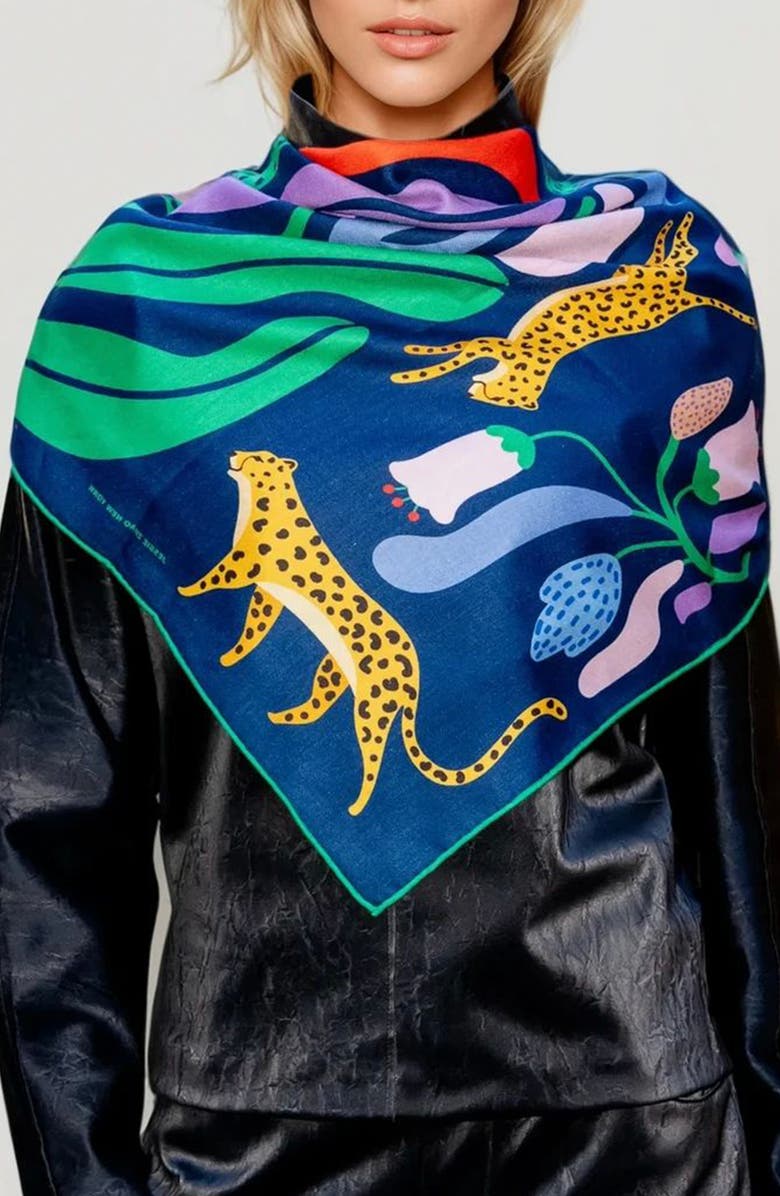 Jessie Zhao New York Double Sided Wool Silk Scarf Of Jungle Night, Alternate, color, Green