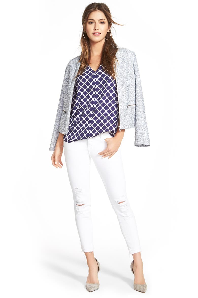Zip Front Collarless Jacket, Alternate, color, NAVY MELANGE PATTERN