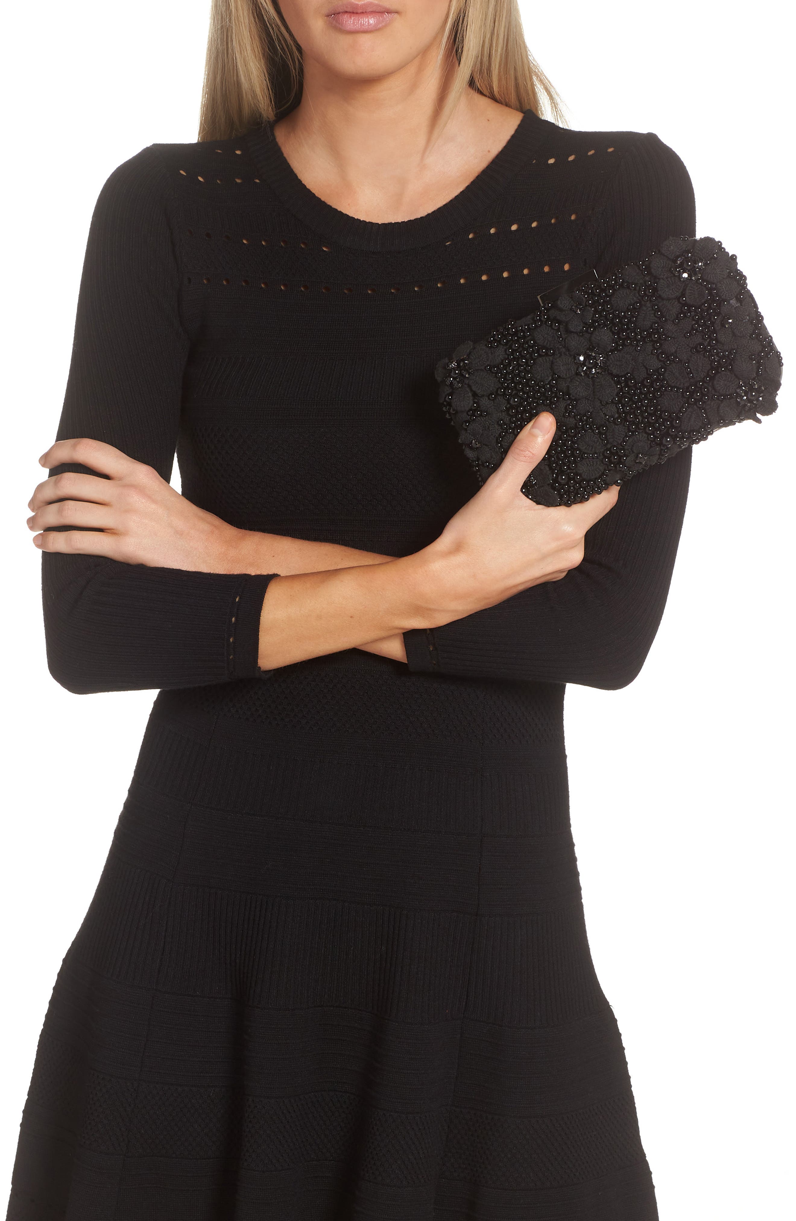 Olga Berg Beth Bead & Crystal Clutch, Alternate, color, Black