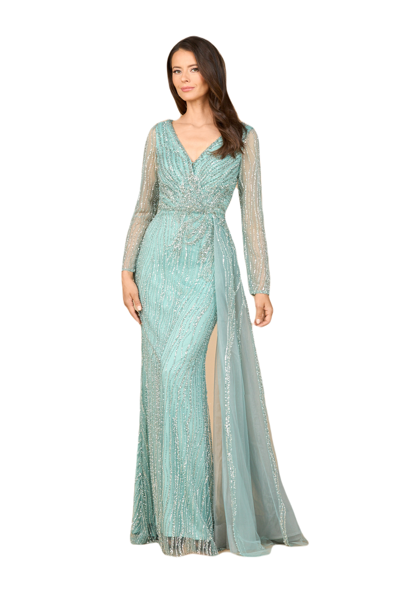 Long Sleeve V-Neck Gown with Drape, Main, color, Dark Sage
