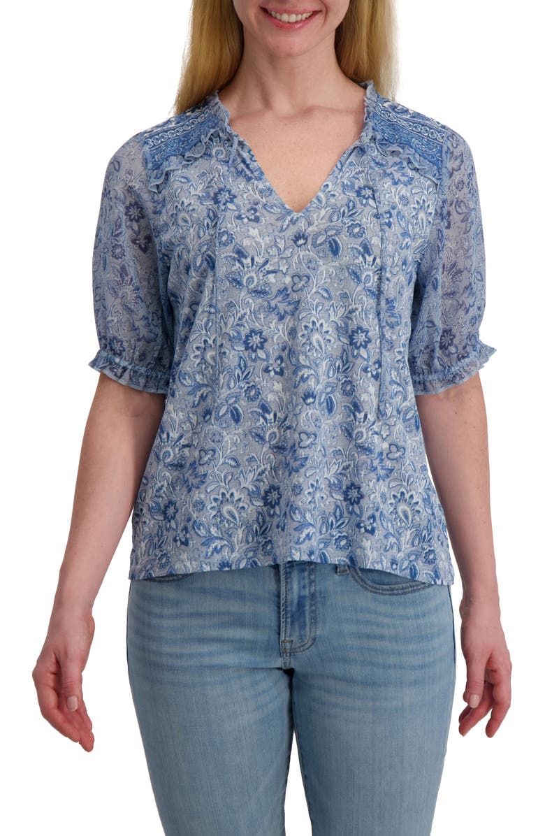 Lucky Brand Puff Sleeve Top, Main, color, Blue Floral