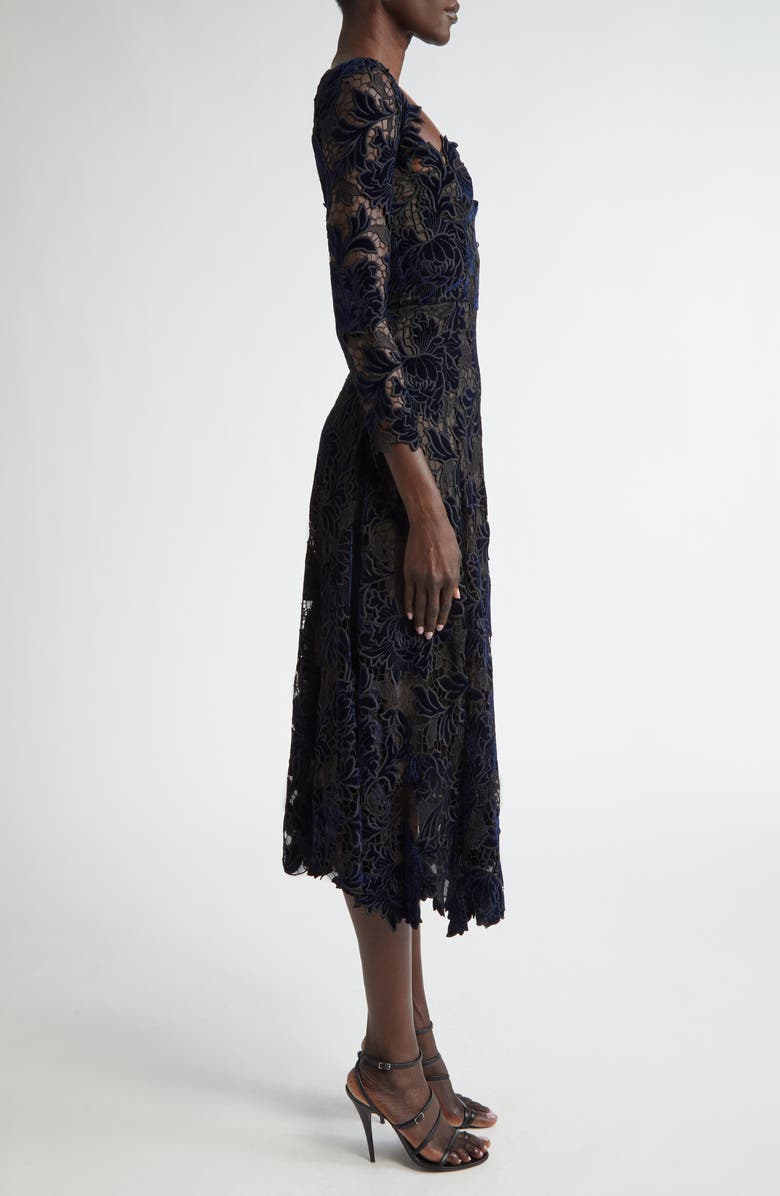Oscar de la Renta Peony Velvet Guipure Lace Dress, Alternate, color, Navy