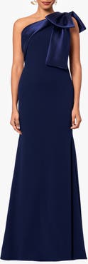 Betsy & Adam Bow One-Shoulder Crepe Mermaid Gown