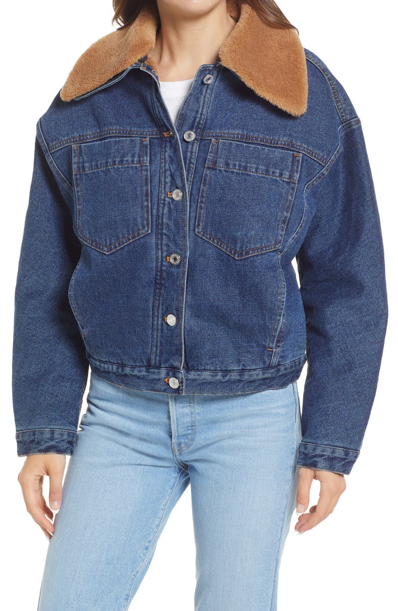 Scotch & Soda Cotton Denim Trucker Jacket with Removable Faux Shearling Collar, Alternate, color,