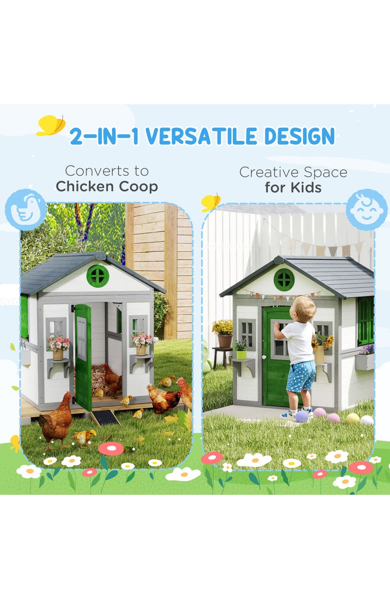 Outsunny Playhouse for Kids with Doors, Windows, Planter Pots, Indoor/Outdoor Use, Alternate, color, 