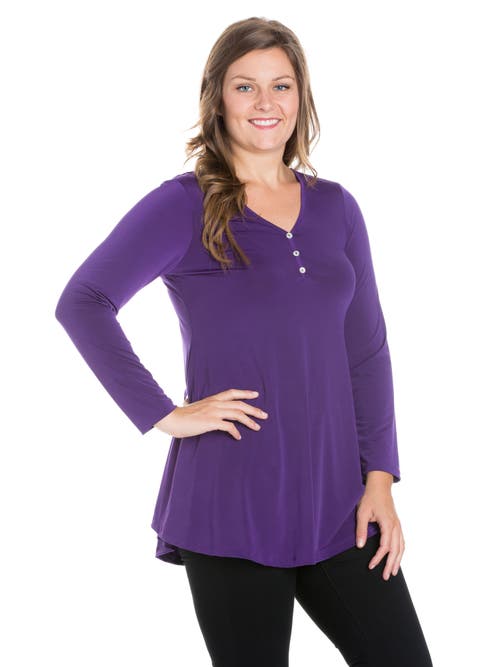 24seven Comfort Apparel Plus Size Flared Long Sleeve Henley Tunic Top In Purple