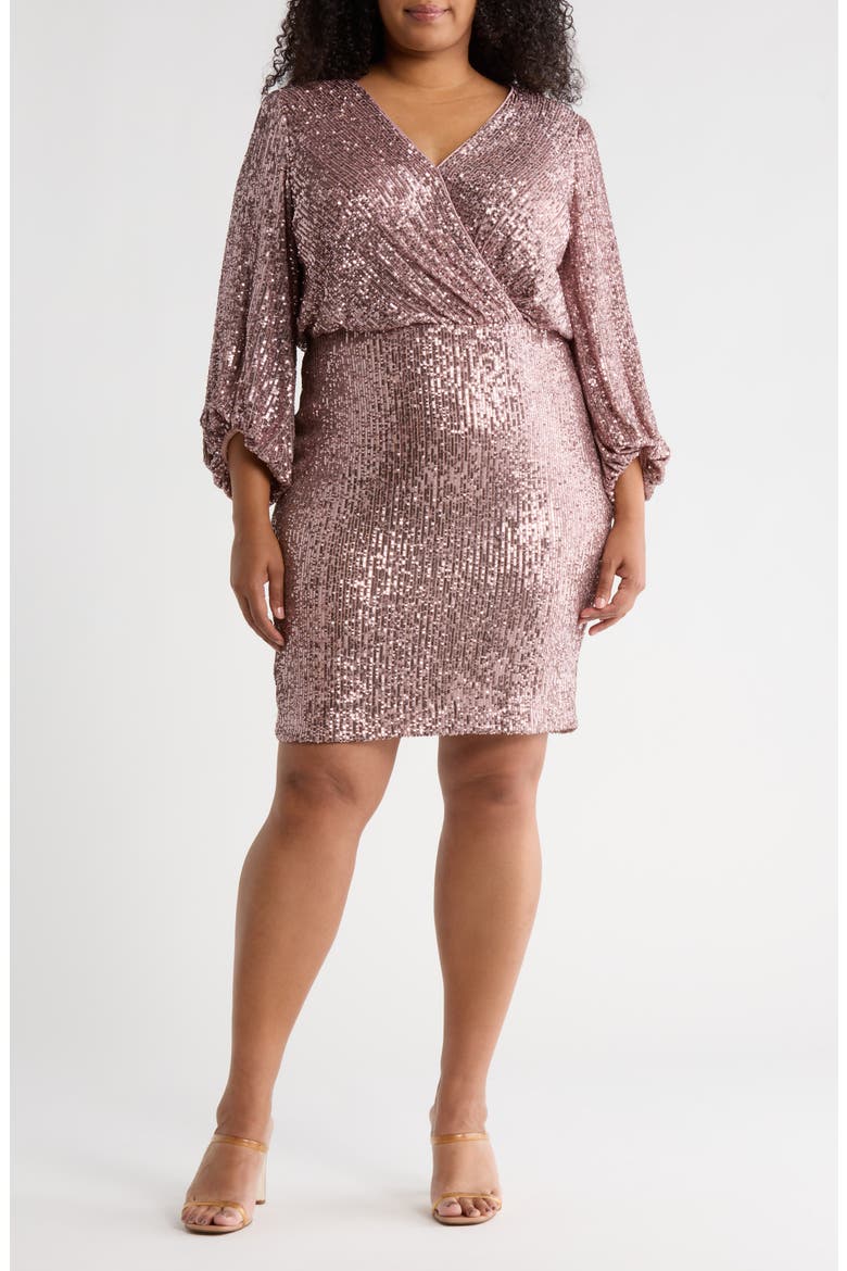 Sequin Balloon Sleeve Faux Wrap Dress, Main, color, MAUVE