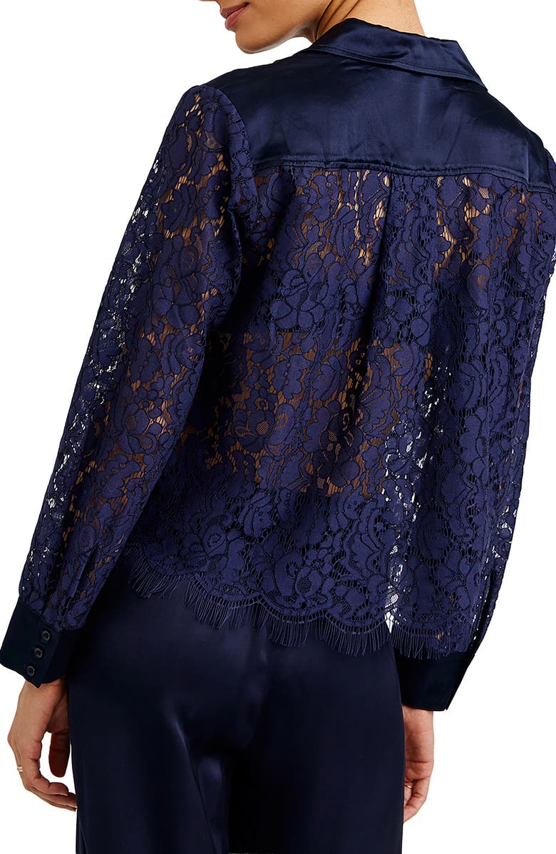 Bella Dahl Lace & Satin Button-Up Shirt, Alternate, color, Midnight Sky