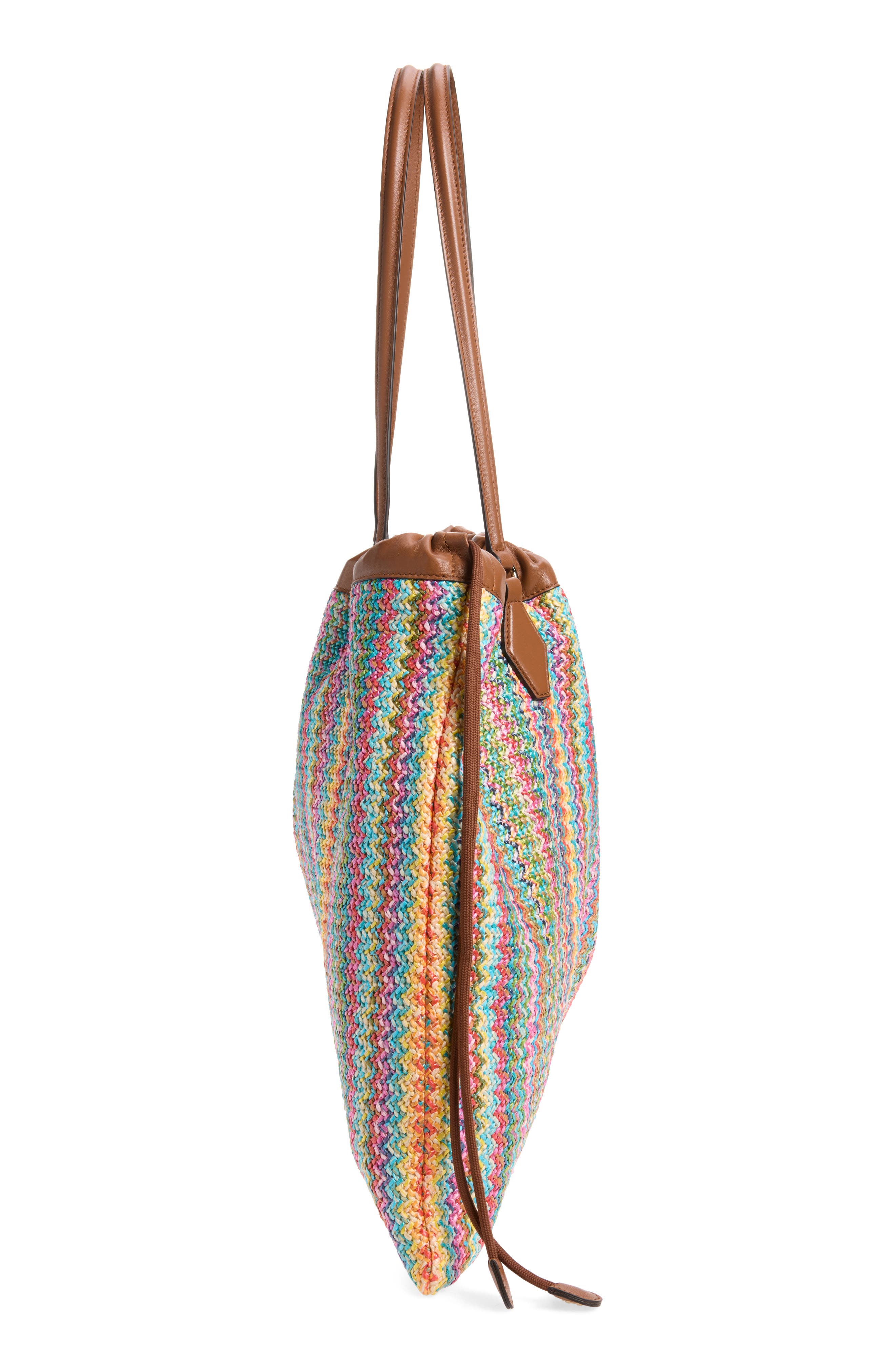Jimmy Choo Large Woven Raffia Drawstring Tote, Alternate, color, Multi/ Tan/ Light Gold