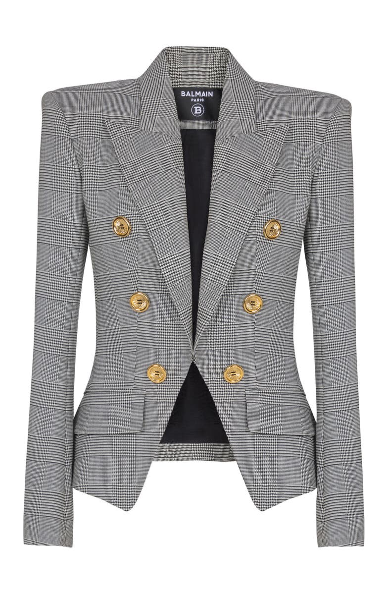 Balmain 6-button jacket in Prince of Wales jacquard, Alternate, color, Black