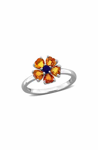 Sterling Silver Orange & Blue Sapphire Flower Ring
