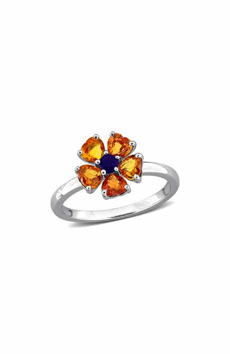 Sterling Silver Orange & Blue Sapphire Flower Ring