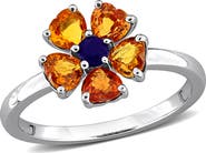 DELMAR Sterling Silver Orange & Blue Sapphire Flower Ring
