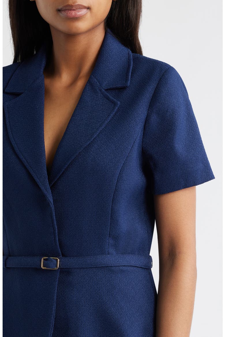 Faux Two-Piece Short Sleeve Belted Midi Dress, Alternate, color, NAVY/IVORY