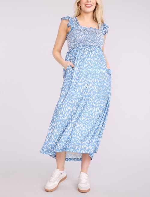 Motherhood Maternity Sleeveless Ruffle Shoulder Smocked Maxi Dress In Blue