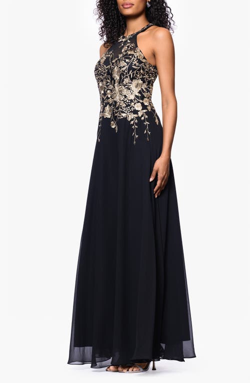 Betsy & Adam Metallic Embroidery Chiffon Gown In Black