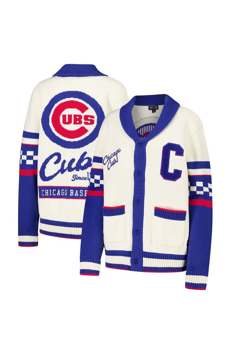 THE WILD COLLECTIVE Women's The Wild Collective Cream Chicago Cubs Jacquard Full-Button Sweater, Alternate, color,