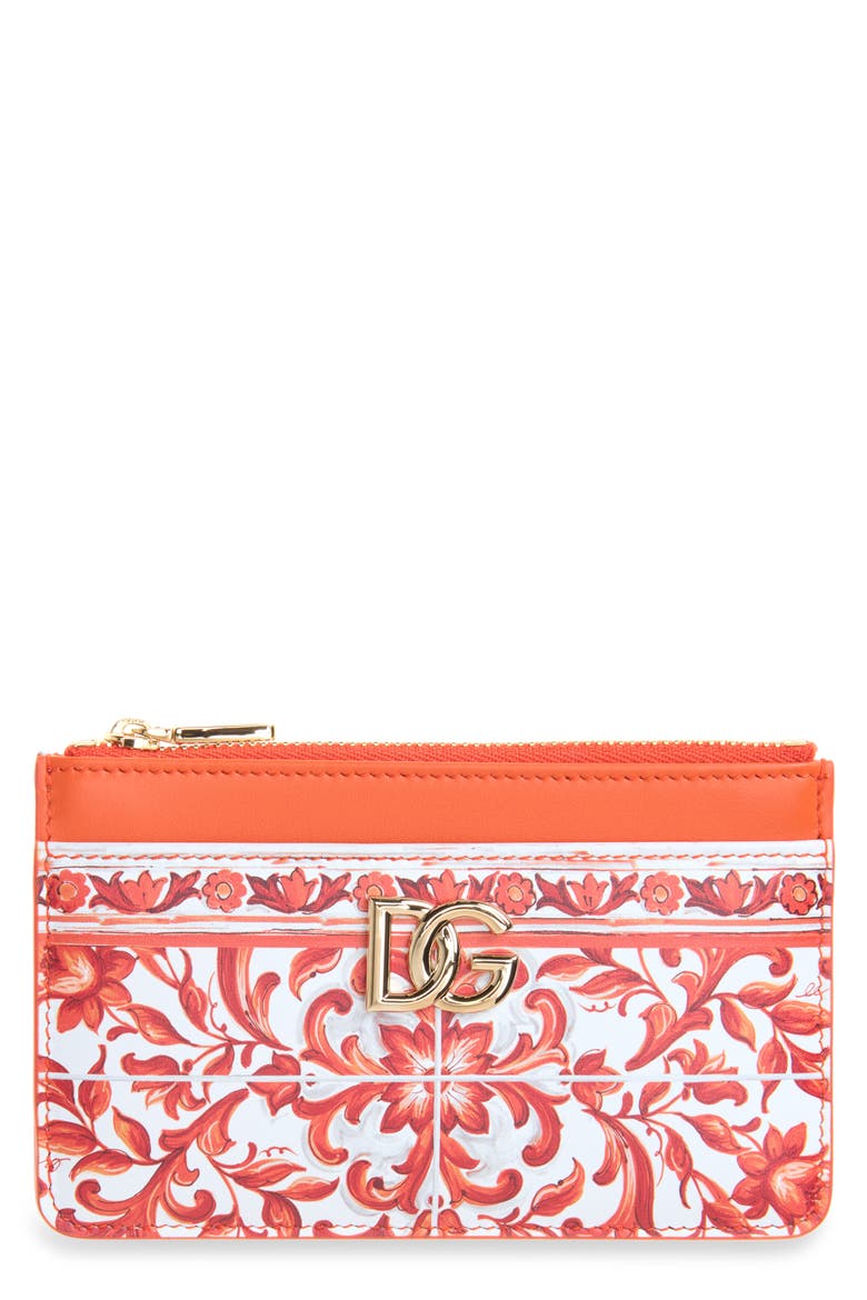 DG Logo Majolica Print Leather Coin Purse, Main, color, IH3TN MAIOLICA 6 ORANGE