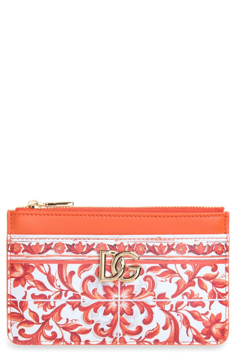 Dolce&Gabbana DG Logo Majolica Print Leather Coin Purse, Main, color, Ih3tn Maiolica 6 Orange