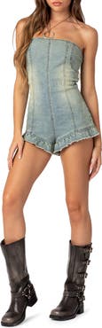 EDIKTED Winnie Strapless Washed Denim Romper