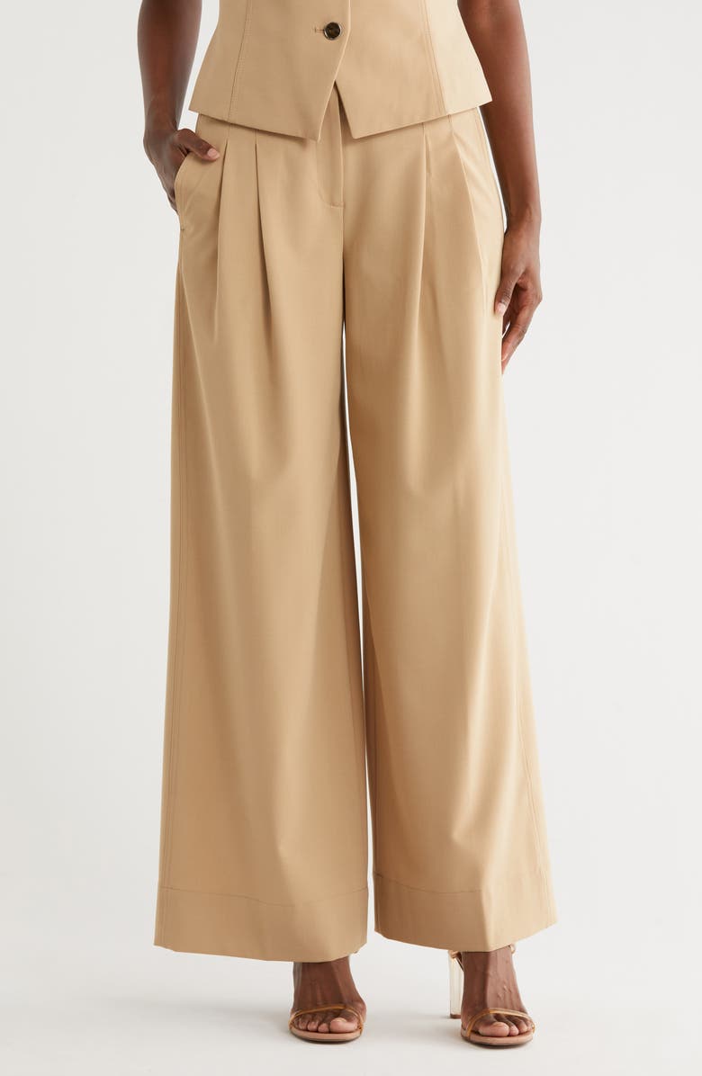 DKNY Pleated High Waist Wide Leg Pants, Main, color, Travertine