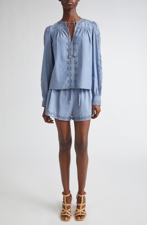 Ulla Johnson Elowen Belted Tulle-trimmed Embroidered Cotton-chambray Shorts In Blue