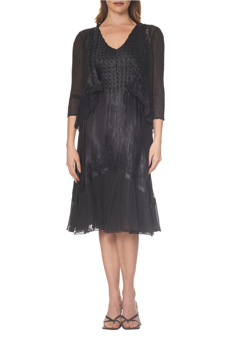 Lace Trim Charmeuse & Chiffon Tiered Dress with Jacket, Main, color, Black