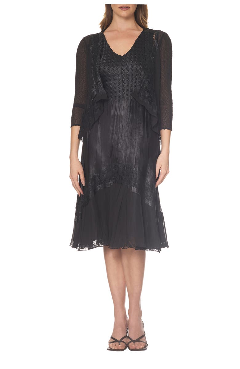 Komarov Lace Trim Charmeuse & Chiffon Tiered Dress with Jacket, Main, color, Black
