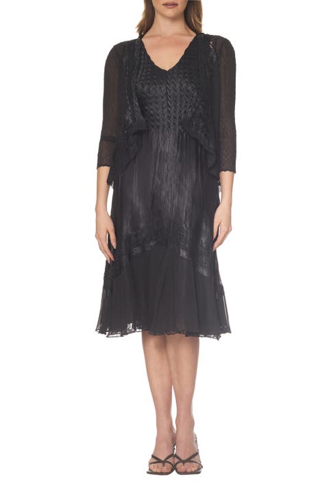 Lace Trim Charmeuse & Chiffon Tiered Dress with Jacket