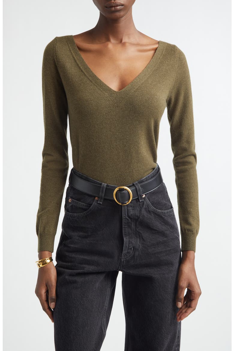 Deep V-Neck Cashmere Sweater, Main, color, KHAKI MILITAIRE