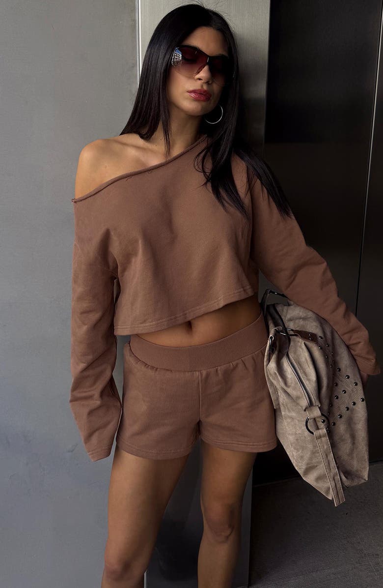 Princess Polly Retreat Raw Edge One-Shoulder Sweatshirt, Alternate, color, Cocoa