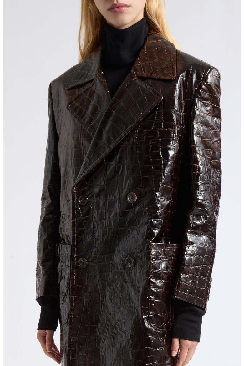 Croc Embossed Faux Leather Trench Coat, Alternate, color, BROWN
