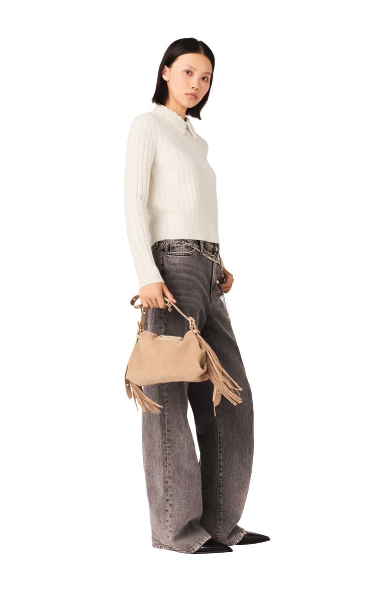Pearl-collar ribbed sweater, Alternate, color, Ecru