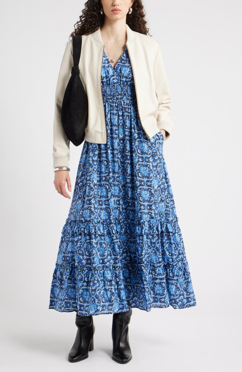 Chelsea28 Tiered Ruffle Long Sleeve Maxi Dress, Alternate, color, Navy- Blue Rosalia Medallion