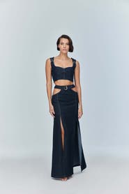 Jendue US Siena Maxi Denim Skirt - High-Waisted A-Line Blue