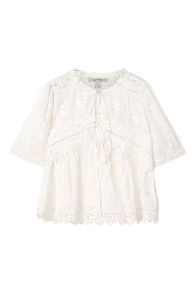 Lillith Floral Embroidered Lace Trim Tie Front Top, Alternate, color, DOVE WHITE