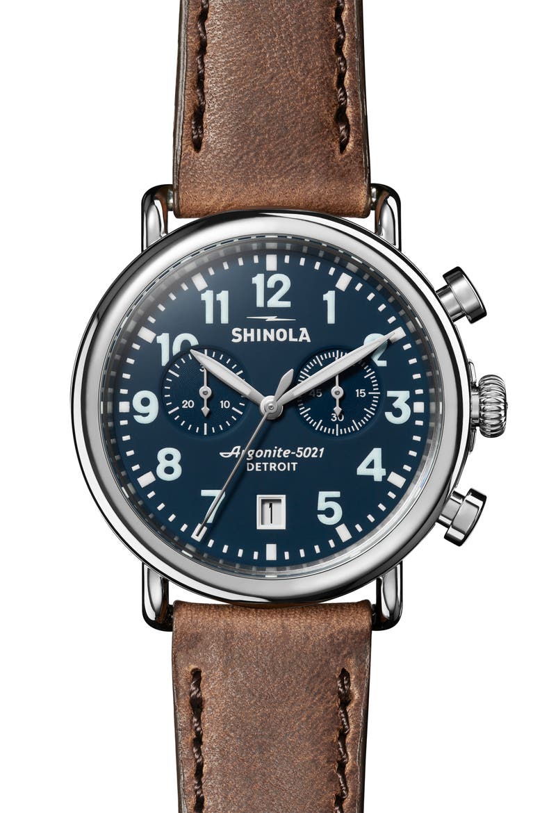 Runwell Chronograph Leather Strap Watch, 41mm, Main, color, MIDNIGHBLU