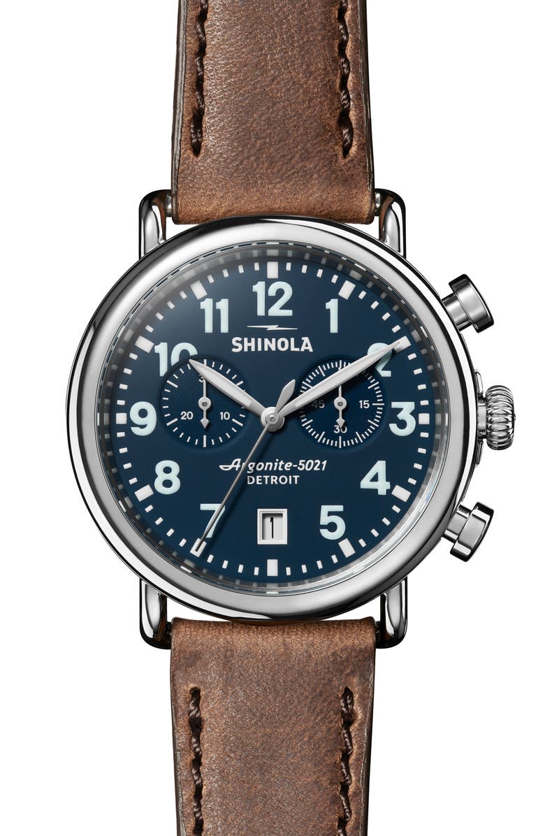 Shinola Runwell Chronograph Leather Strap Watch, 41mm, Main, color, Midnighblu