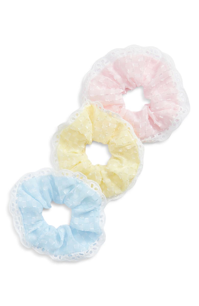 Cara 3-Pack Pastel Eyelet Scrunchie Set, Main, color, Blue