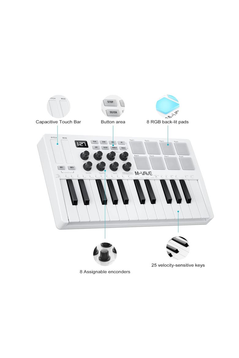 25-Key Bluetooth MIDI Keyboard with Pads, Alternate, color, White