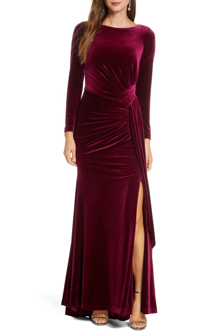 Long Sleeve Velvet Gown, Main, color, WINE
