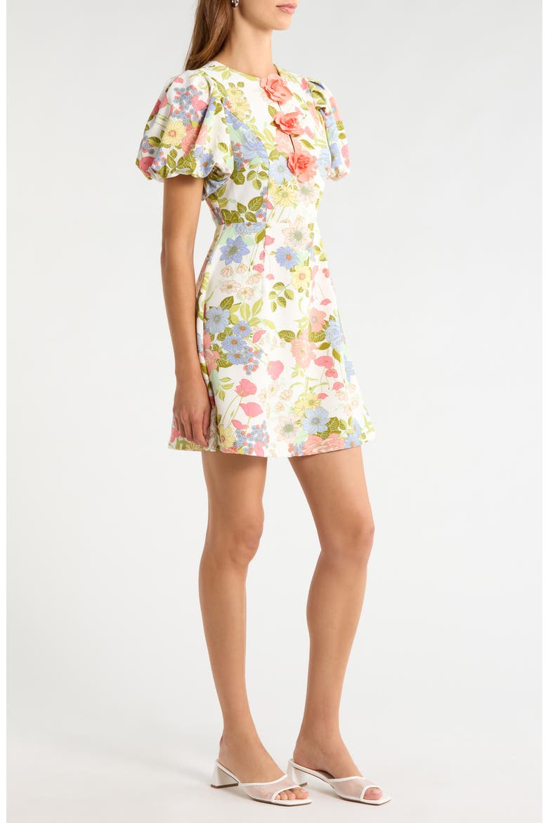 Rosette Puff Sleeve Dress, Alternate, color, CREAM-MULTI