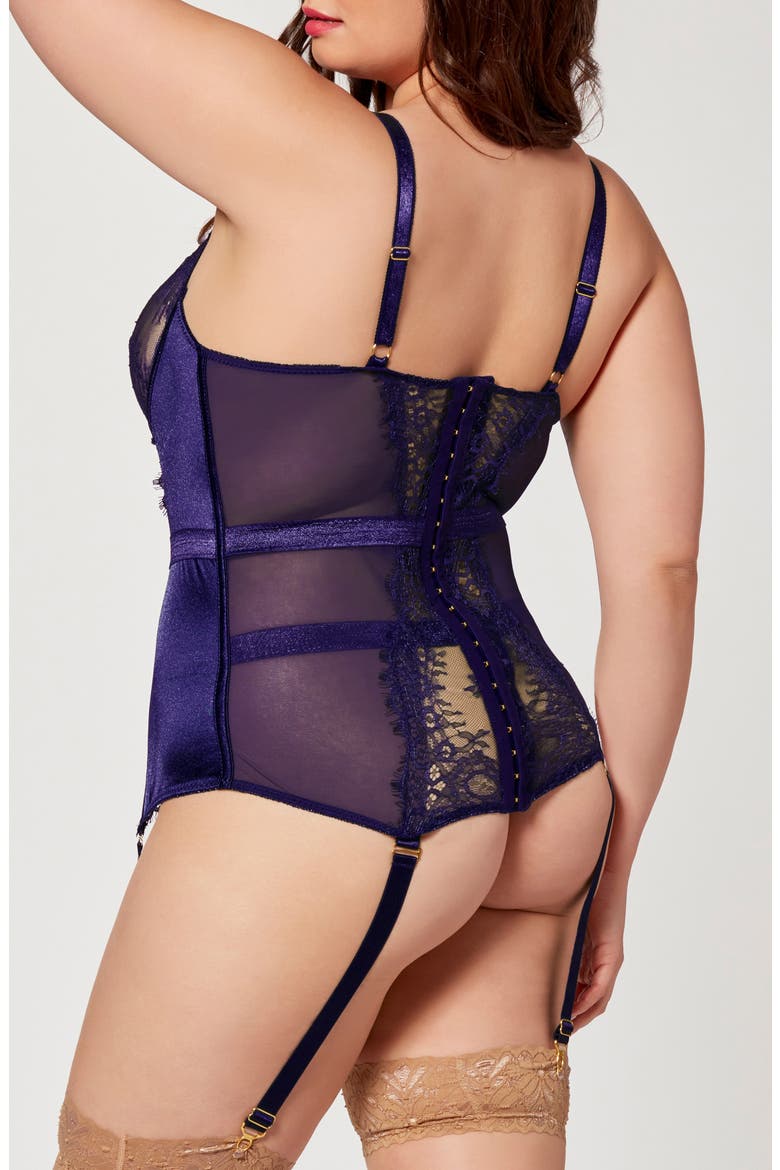 Satin & Lace Bustier with Garter Straps, Alternate, color, PURPLE