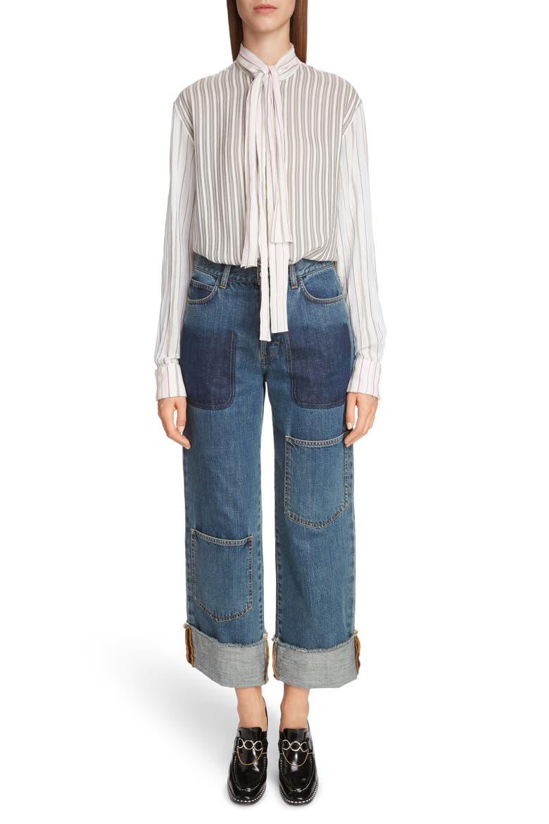 Pajama Stripe Tie Neck Blouse, Alternate, color, IVORY
