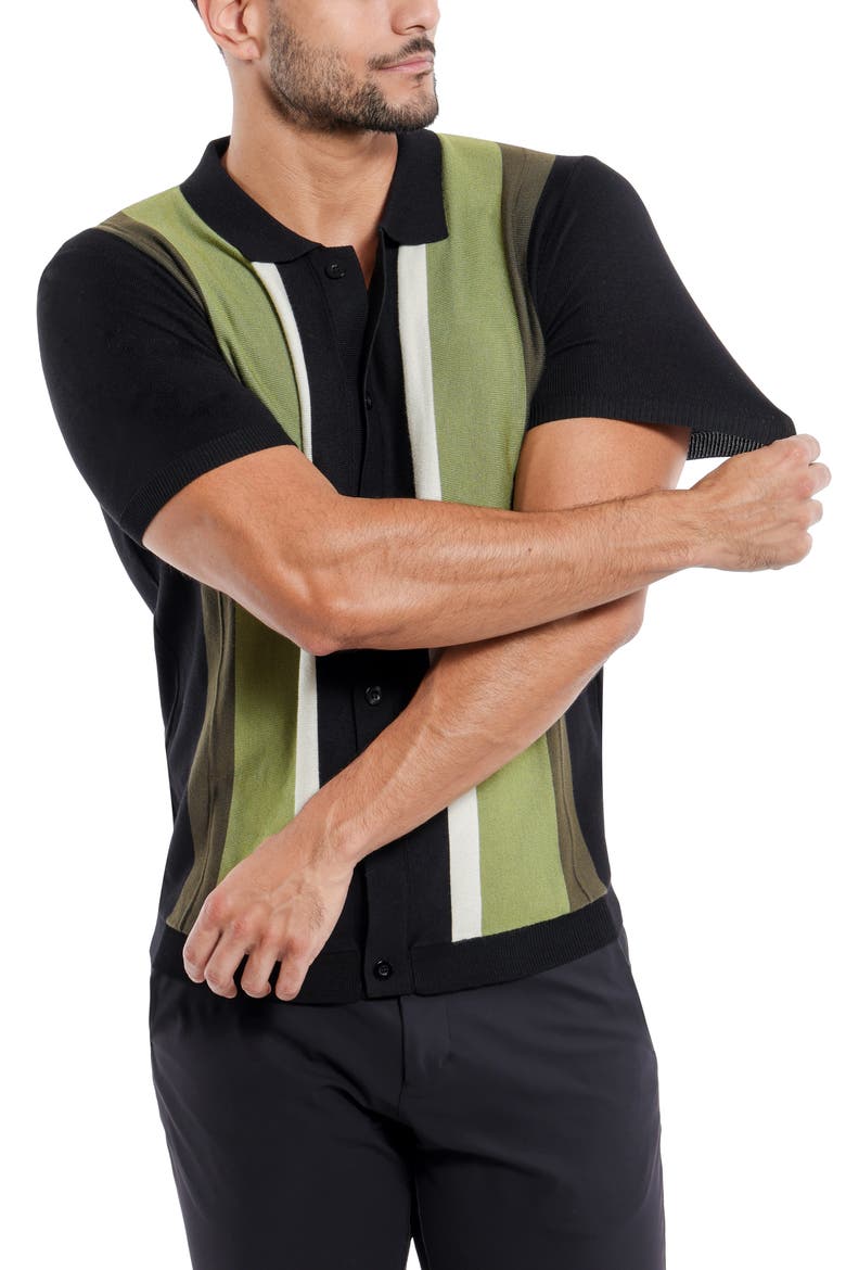 Stripe Short Sleeve Button-Up Polo Sweater, Alternate, color, BLACK/OLIVE