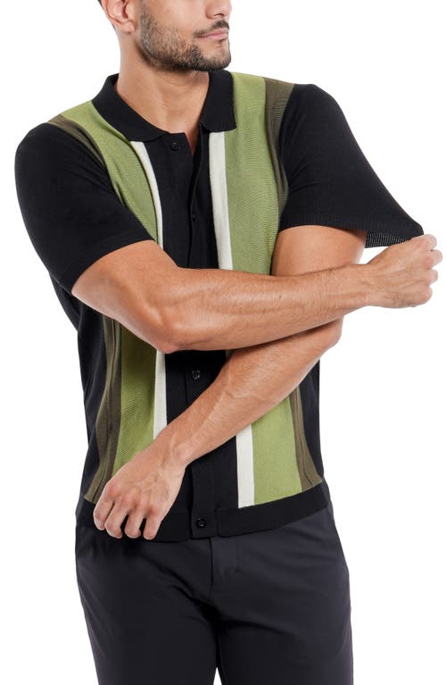 Spring + Mercer Stripe Short Sleeve Button-up Polo Sweater In Black/olive