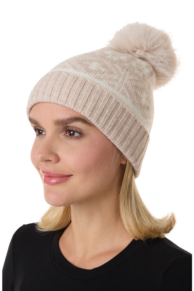 Fair Isle Beanie with Faux Fur Pom, Alternate, color, OATMEAL